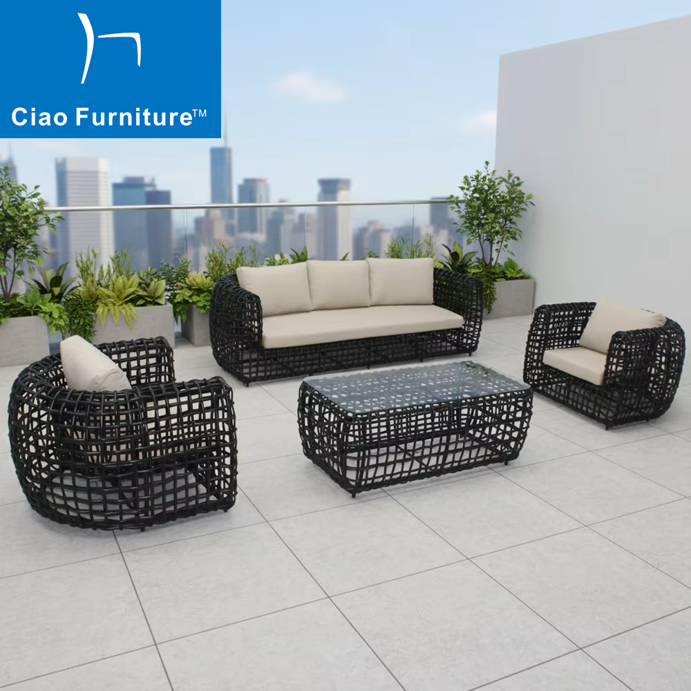 Foshan 4 pieces black rattan garden furniture sofa set