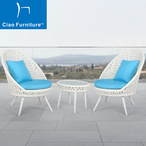 3 pieces white balcony patio rattan coffee table set furniture