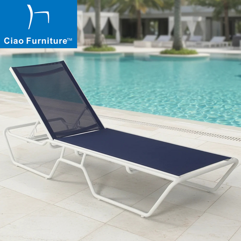 Hotel pool side furniture outdoor aluminum navy blue sling fabric chaise lounge