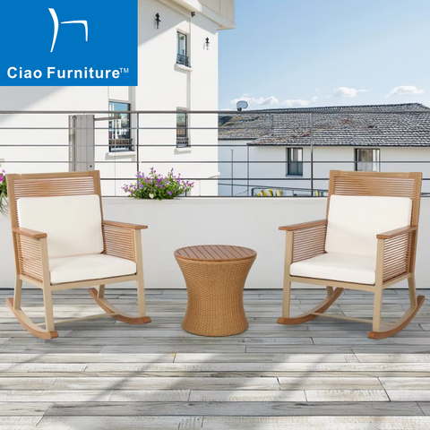 Hotel balcony 3 pieces outdoor rattan rocking chairs set