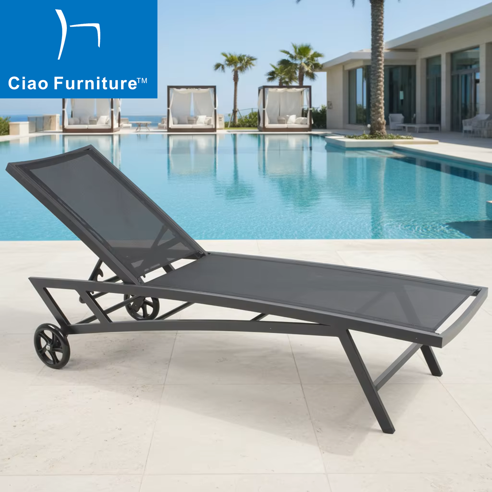 Black aluminum hotel pool chaise lounge chair