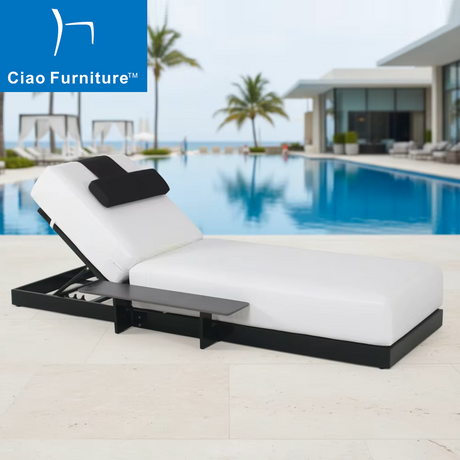 Luxury pool side outdoor black aluminum chaise lounge with thick white cushion