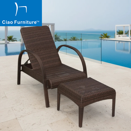 2-piece brown rattan reclining outdoor chaise lounge