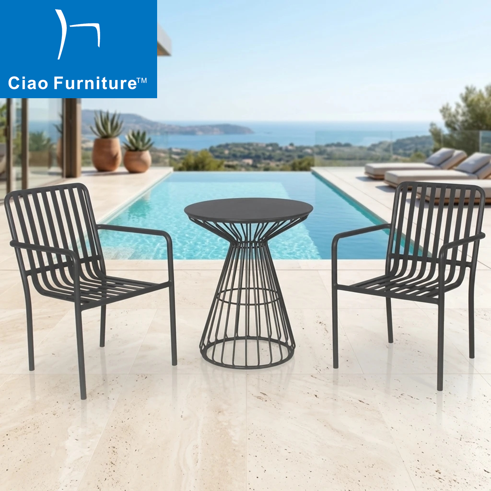 Outdoor garden 3 pieces black aluminum cafe round table chairs set furniture