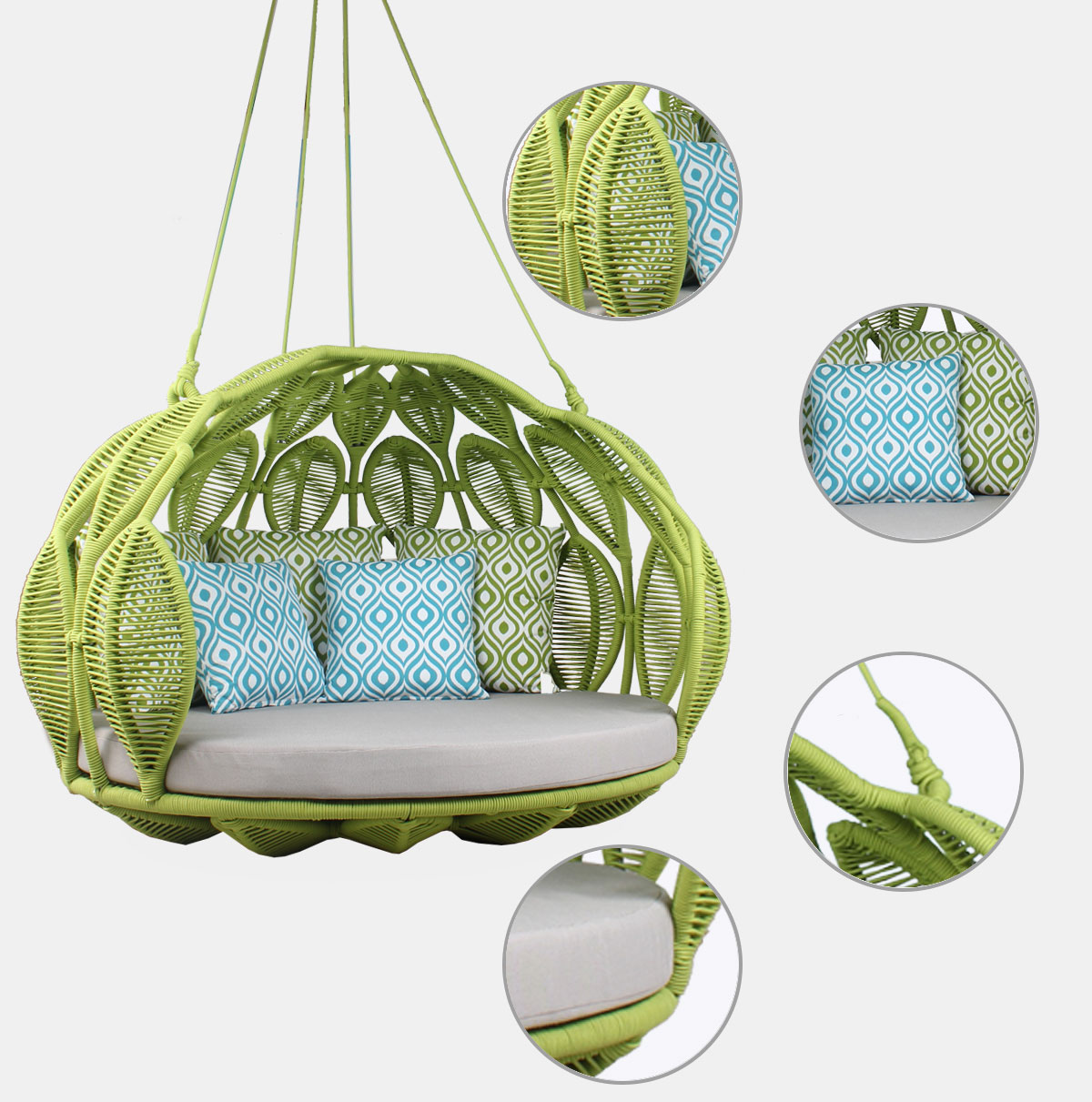 Luxury resort outdoor patio green rope round hanging daybed