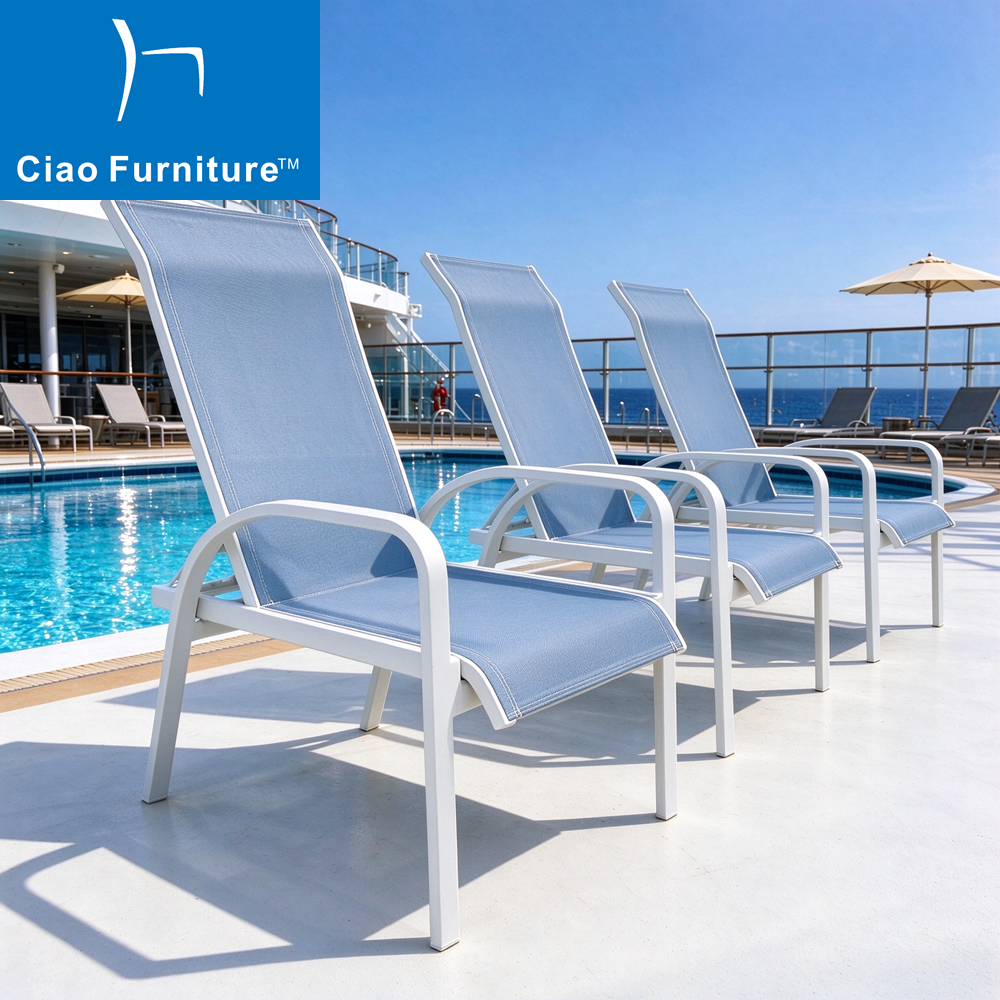 Outdoor cruise pool deck high back aluminum textilene fabric arm chair