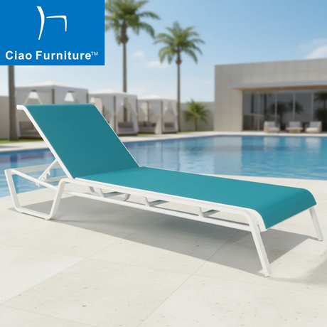 Resort pool furniture white aluminum stackable sling chaise lounge chair