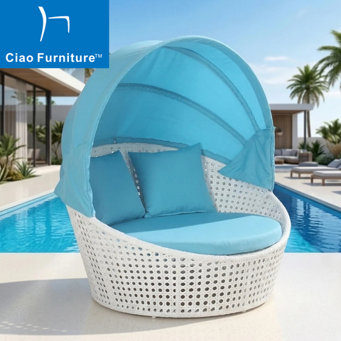 Beach club pool side outdoor rattan round daybed with blue canopy