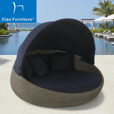 Foshan hotel outdoor pool side rattan daybed with blue canopy