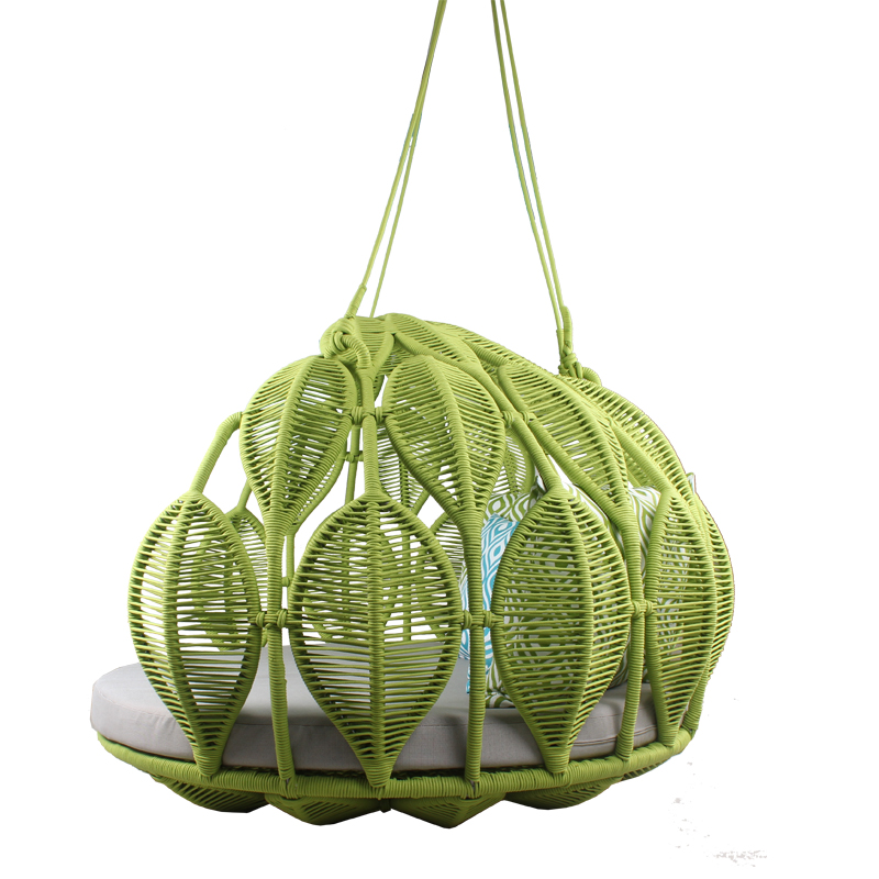 Luxury resort outdoor patio green rope round hanging daybed