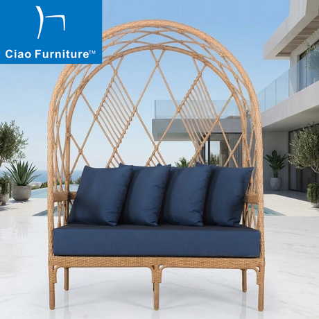 Modern 2 seater outdoor garden balcony rattan sofa with blue cushion 