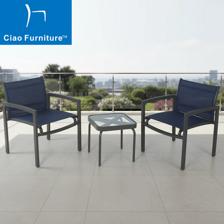 Foshan garden porch outdoor 3 pieces aluminum cafe table and sling arm chairs