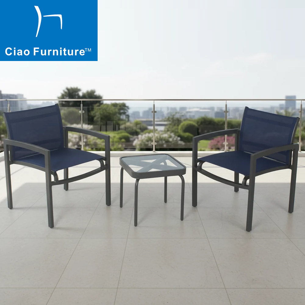 Foshan garden porch outdoor 3 pieces aluminum cafe table and sling arm chairs