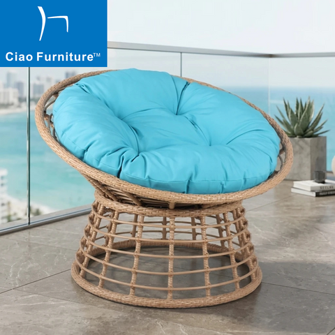 Outdoor rattan papasan chair with blue cushion