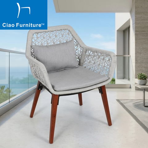 Outdoor grey rope teak wooden leg garden chair