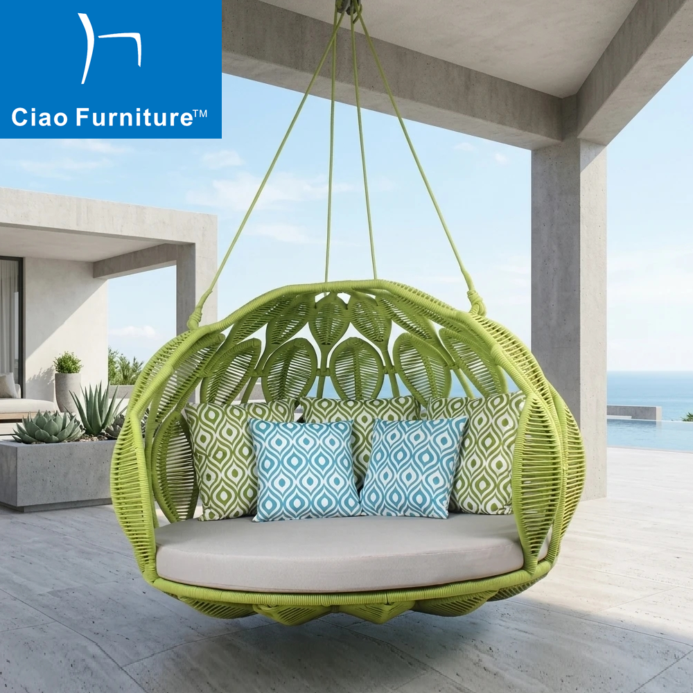 Luxury resort outdoor patio green rope round hanging daybed