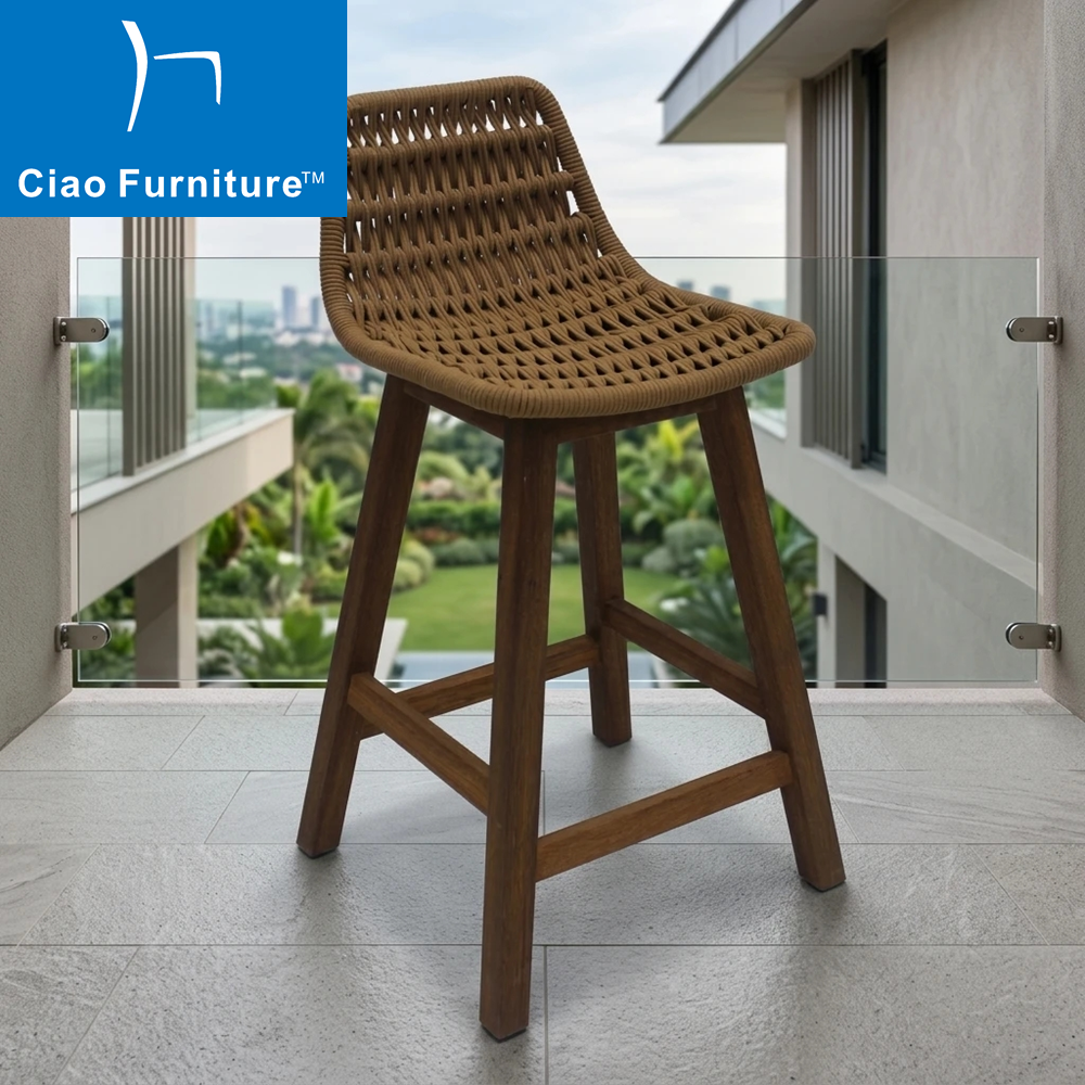 Outdoor restaurant wood legs rope armless bar stool