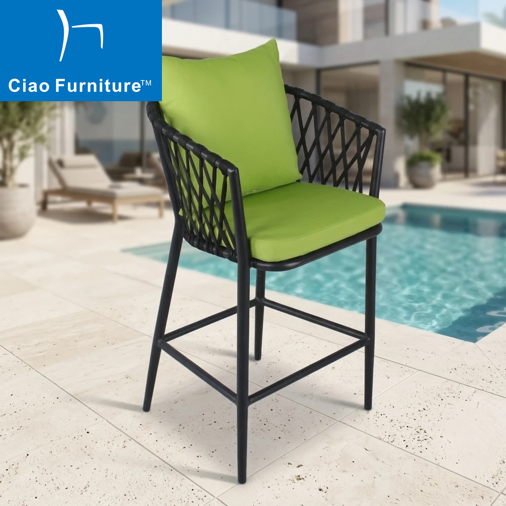 Black aluminum frame garden bar chair with green cushion