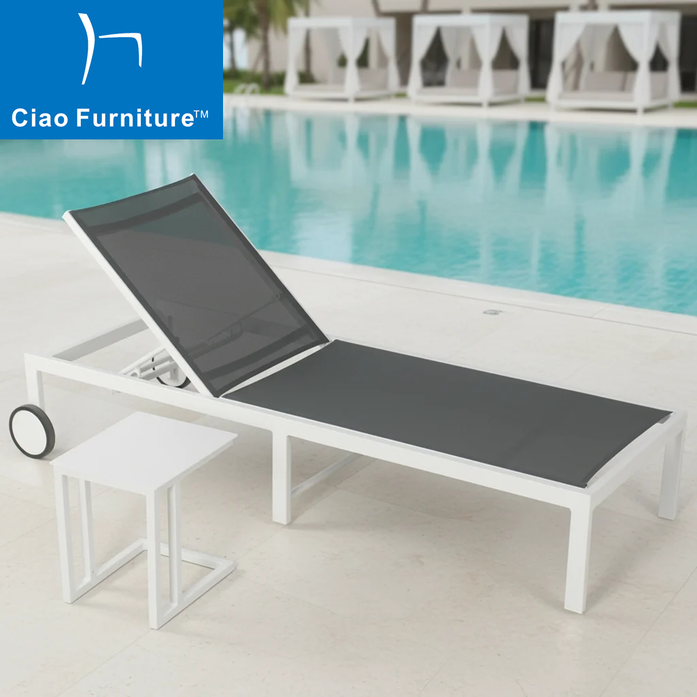 Commercial white aluminum pool chaise lounge chair with side table 