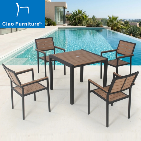 Commercial outdoor restaurant 5 pieces aluminum WPC dining square table stackable chairs 