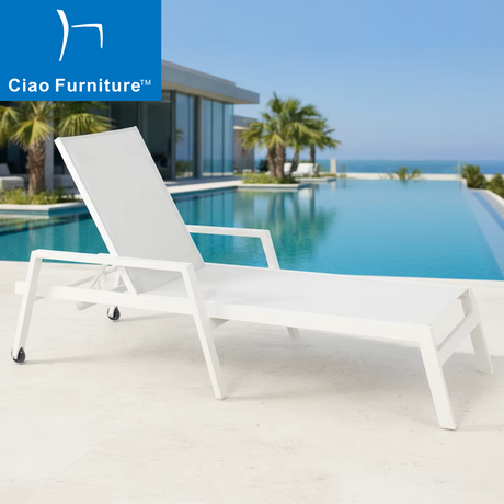 Beach outdoor white aluminum mesh sling pool lounger with arms