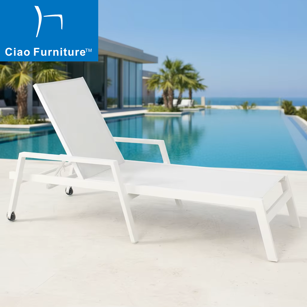 Beach outdoor white aluminum mesh sling pool lounger with arms