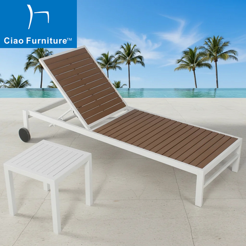 Resort pool outdoor white aluminum PS wood sun lounger with wheels