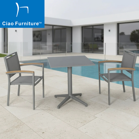 Grey 3 pieces resort outdoor balcony furniture set aluminum square dining table chairs 