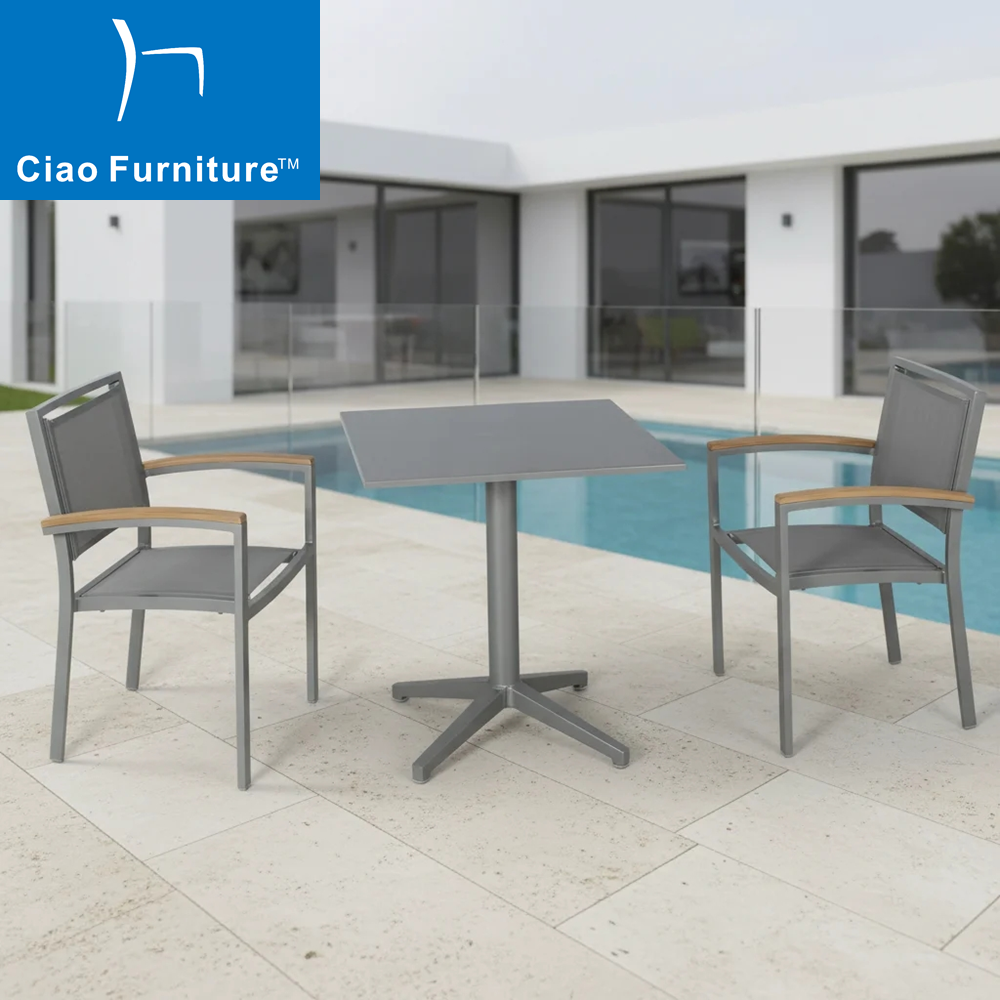 Grey 3 pieces resort outdoor balcony furniture set aluminum square dining table chairs 