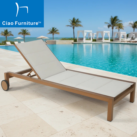 Commerical pool stackable aluminum padded sling outdoor chaise lounge chair with wheels