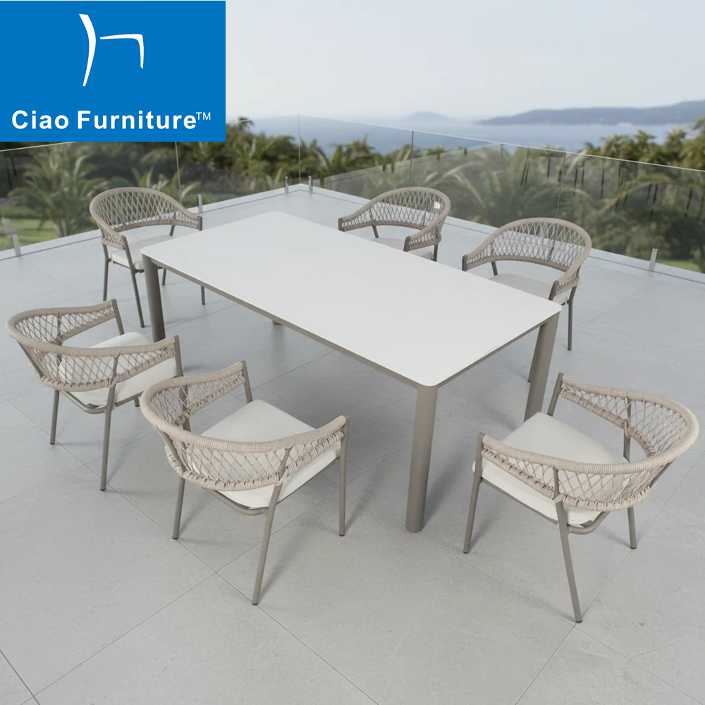 7 pieces patio furniture outdoor sintered stone top dining table rope chairs set
